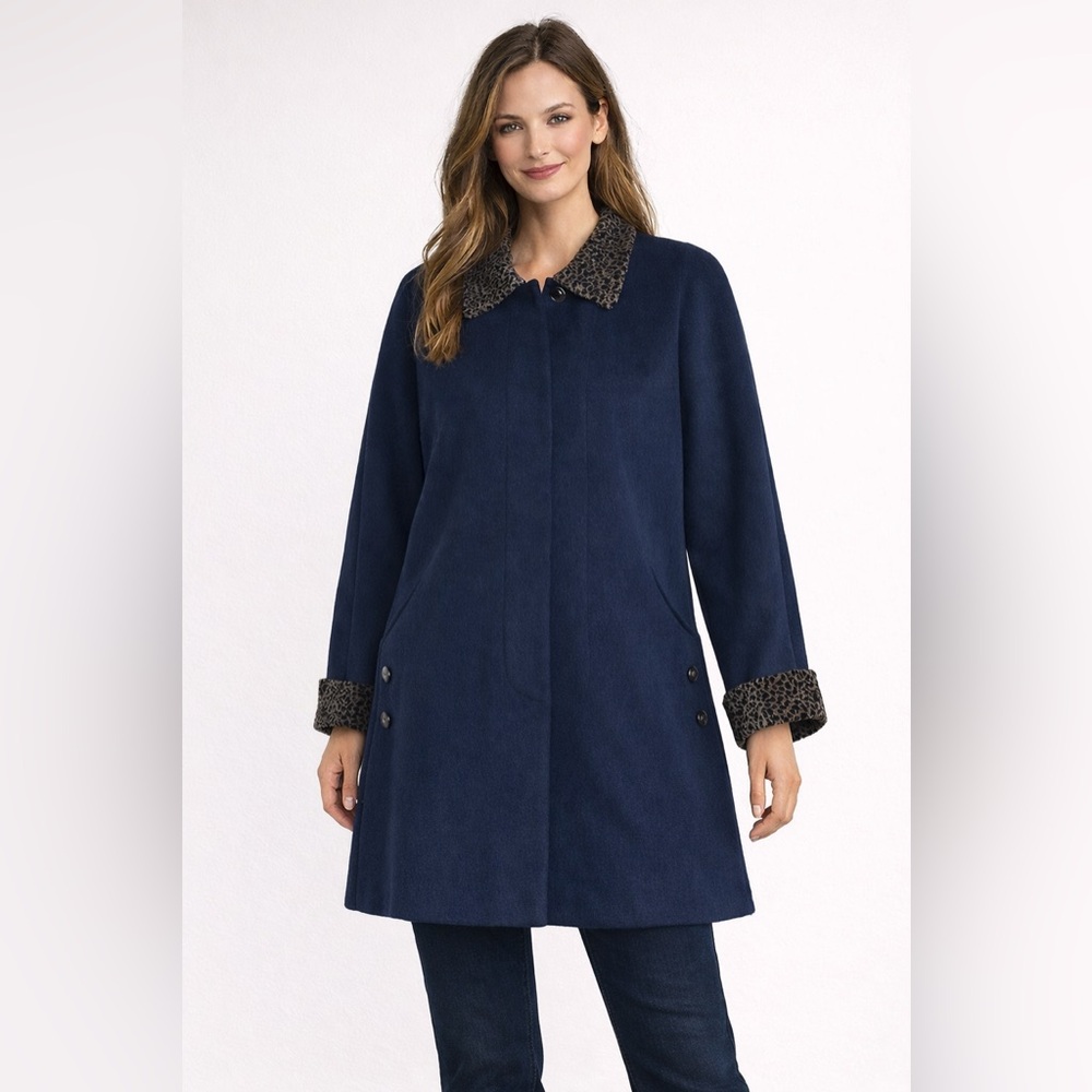 Vintage JAD Navy Wool Coat Womens Leopard Print Trim‎ Mid Length Jacket USA